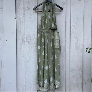 Faithfull the Brand Lima Sage Green Paisley Print Halter Midi Jumpsuit — Size 8